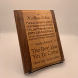Personalized Plaque for Retirement | Custom Engraved Genuine Red Alder & Walnut Edge Plaque | Wooden Wall Decor | Retirement Milestone Gifts