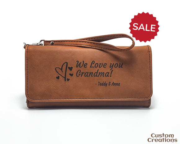 Personalized Leather Women's Wallet with Wrist Strap | Laser Engraved Rawhide Card Case Wallet | Customizable Vegan Leather Gift for Mother