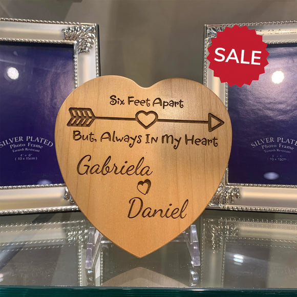 Personalized Wedding Anniversary Wooden Gift | Six Feet Apart, But Always in My Heart | Laser Engraved Customized Heart Shaped Maple Wood