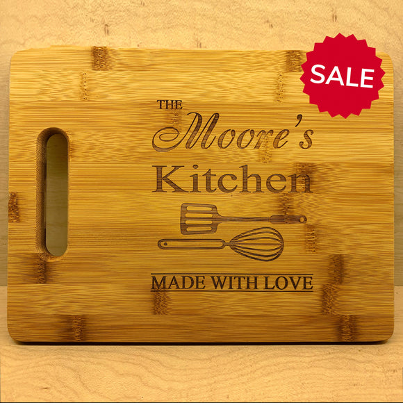 Laser Engraved Bamboo Cutting Board | Personalized Family Name Cutting Board With Handle | Beautifully Crafted Kitchen Utensil for Christmas
