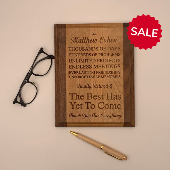 Personalized Plaque for Retirement | Custom Engraved Genuine Red Alder & Walnut Edge Plaque | Wooden Wall Decor | Retirement Milestone Gifts
