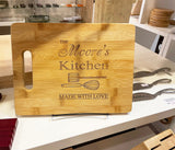 Laser Engraved Bamboo Cutting Board | Personalized Family Name Cutting Board With Handle | Beautifully Crafted Kitchen Utensil for Christmas