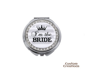Personalized Makeup Mirror for Bridal Shower | I'm the Bride Pattern Tiara Bride Compact Mirror | Custom Back Side Engraving Pocket Mirror