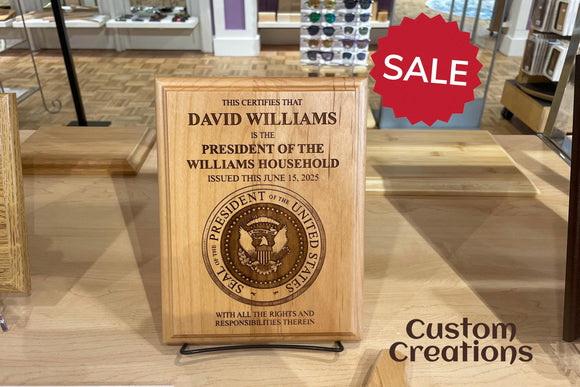 Laser Engraved Father's Day Red Alder Wood Plaque | Personalized Presidential Certificate Plaque | Custom Household Wall Decor Gift for Dad