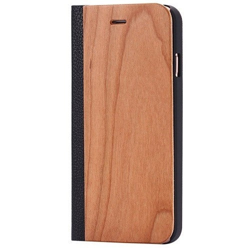 Cherry Wood + Leather Wallet Flip Case For iPhone X