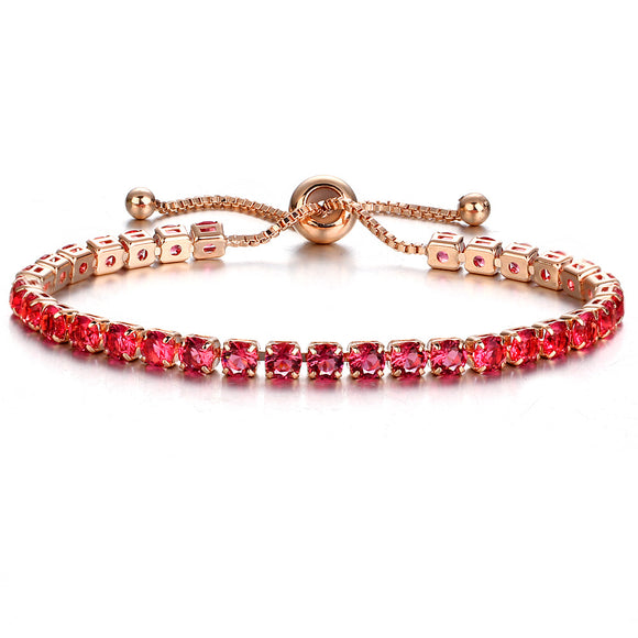 Red Crystal Bracelet • Rose Gold or Silver Plated Adjustable Tennis Bracelet • Women Stretch Bracelet