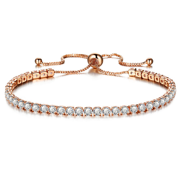 White Crystal Bracelet • Rose Gold or Silver Plated Adjustable Tennis Bracelet • Women Stretch Bracelet