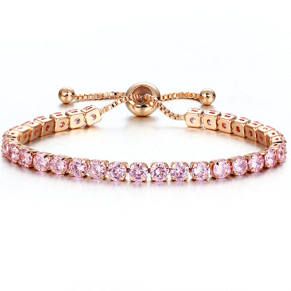 Rose Crystal Bracelet • Rose Gold or Silver Plated Adjustable Tennis Bracelet • Women Stretch Bracelet