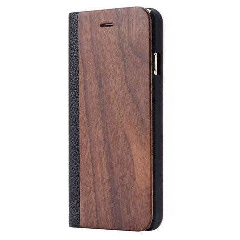 Walnut Wood + Leather Wallet Flip Case for iPhone X-Xs